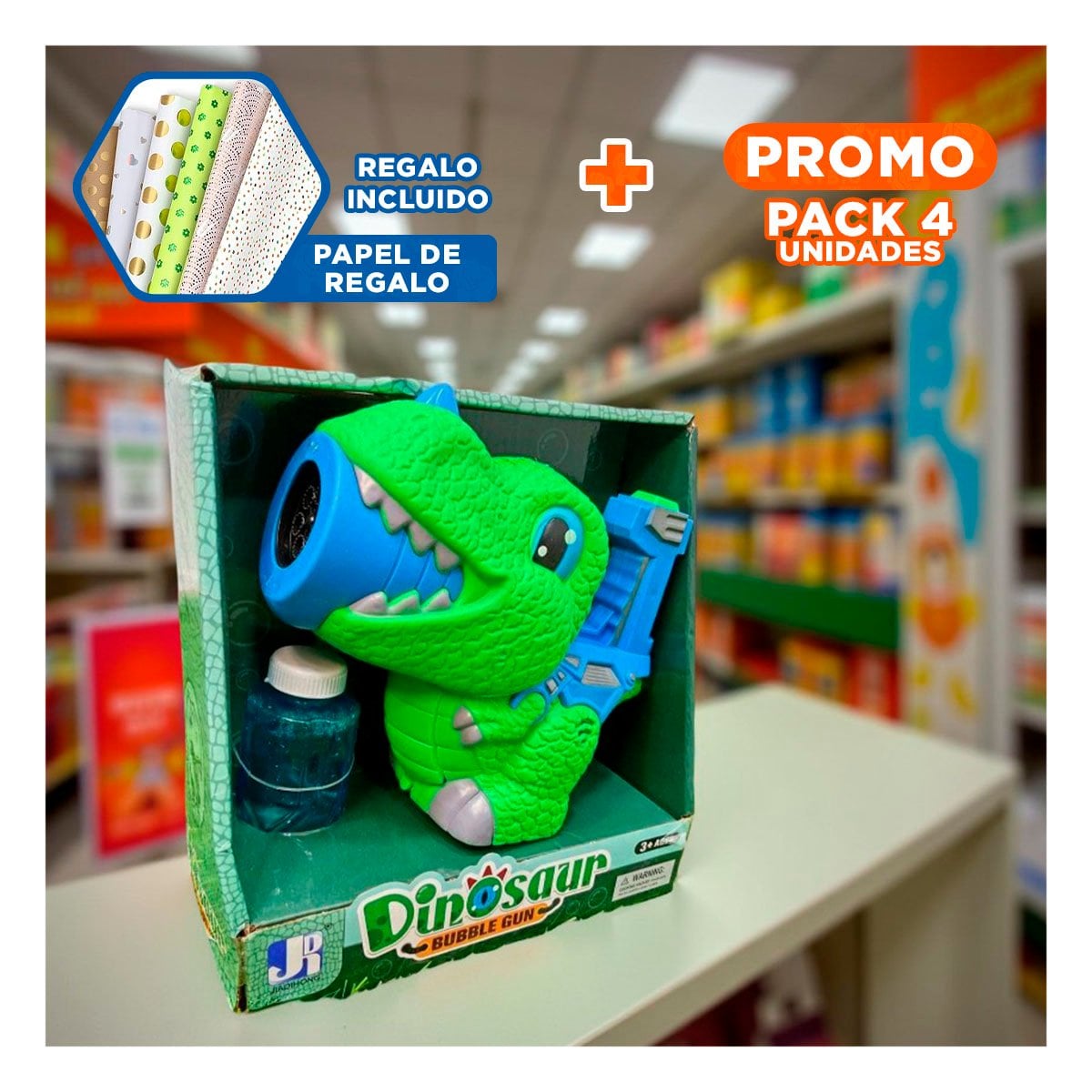 PACK4 HERRAMIENTA DE BURBUJAS CON DINOSAURIO CHICO PARA JUEGO CREATIVO Y+PAPEL REGALO - 1