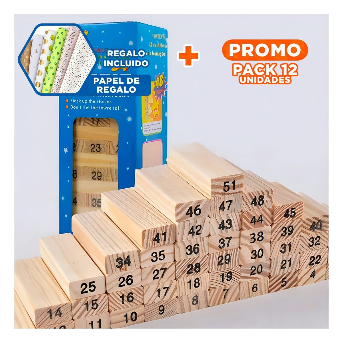 PACK12 JUEGO CLASICO DE BLOQUES DE MADERA PARA FAMILIA Y+PAPEL REGALO - 1