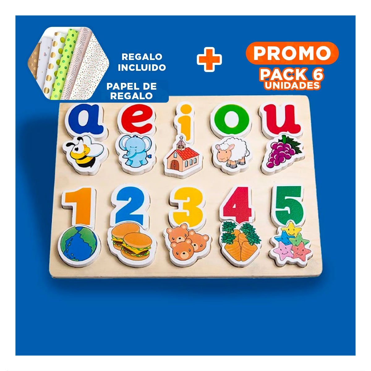 PACK6 ROMPECABEZAS EDUCATIVO CON VOCALES, NUMEROS Y FIGURAS Y+PAPEL REGALO - 1