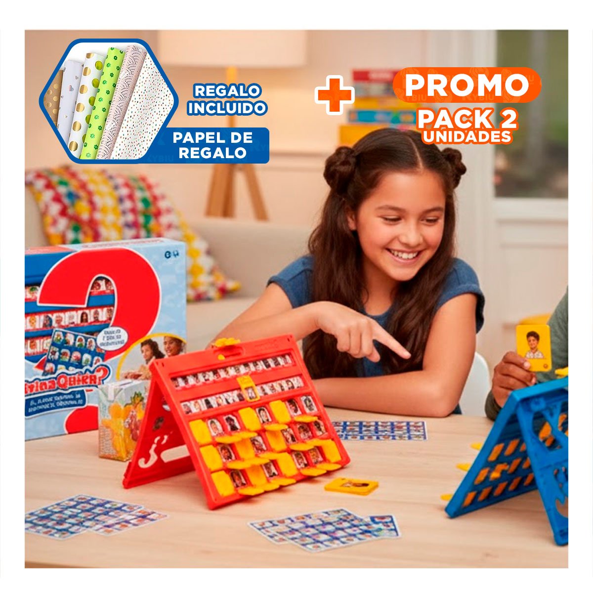 PACK2 ENTRETENIMIENTO DE MESA ADIVINA QUIEN PERSONAJES ROJO Y AZUL Y+PAPEL REGALO - 1