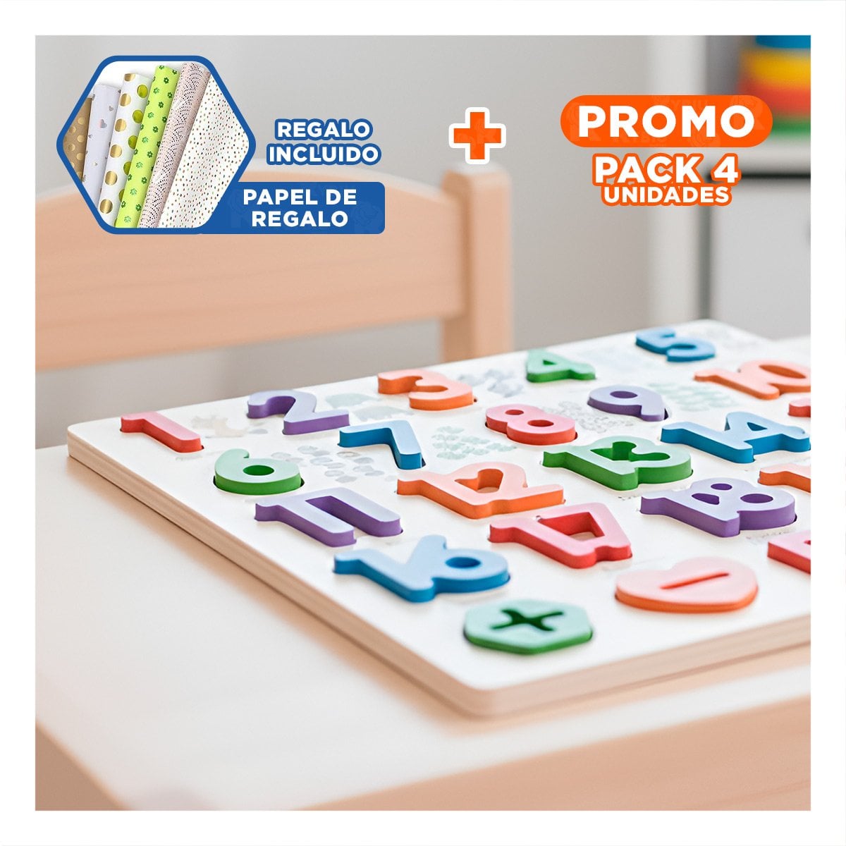 PACK4 ALTERNATIVA DIDACTICA DE MADERA CON PIEZAS ENCASJABLES PARA APRENDER Y+PAPEL REGALO - 1