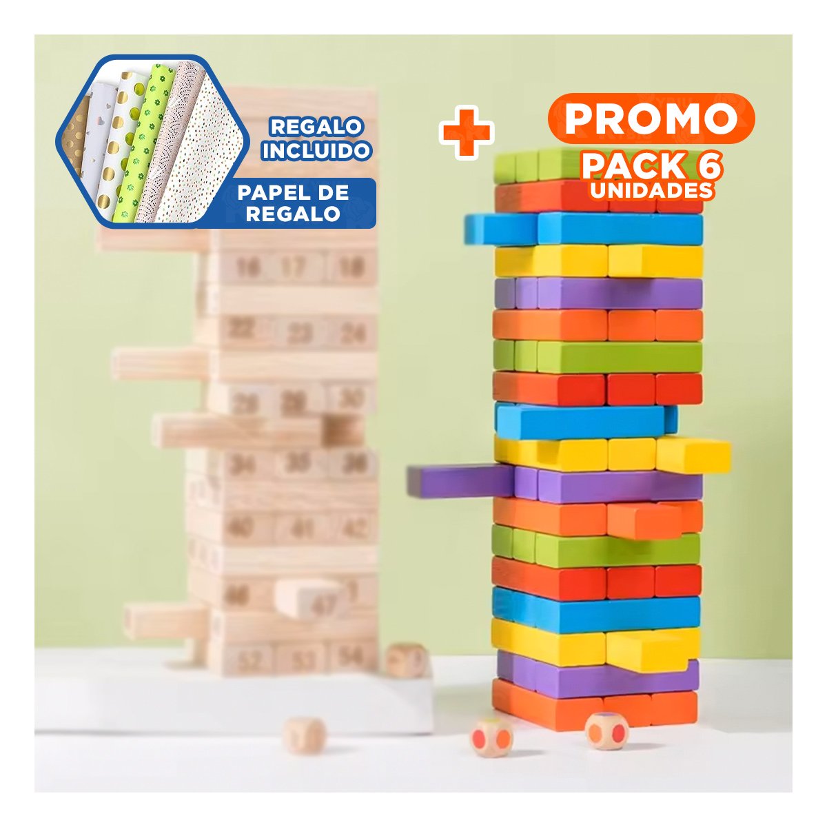 PACK6 COMPARTIDO DE MADERA MULTICOLOR PARA JUEGO DE MESA FAMILIAR Y+PAPEL REGALO - 1