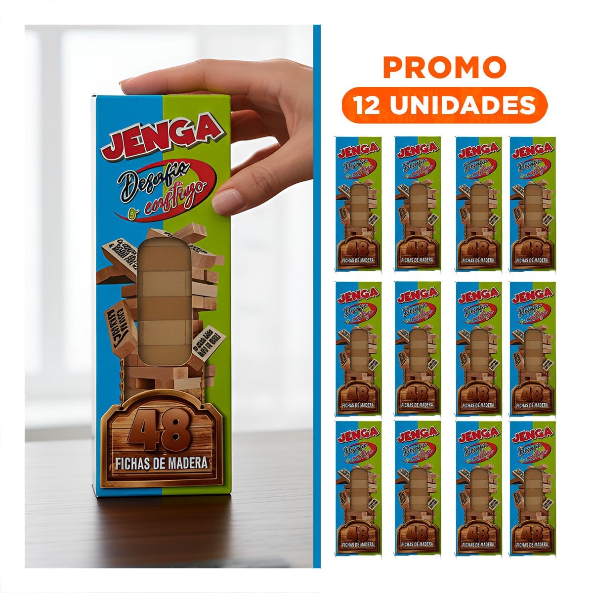 PACK12 TORRE DESAFIO O CASTIGO 48 PIEZAS MADERA JUEGO DIVERTIDO Y EMOCION Y+REGALO STICKER - 1