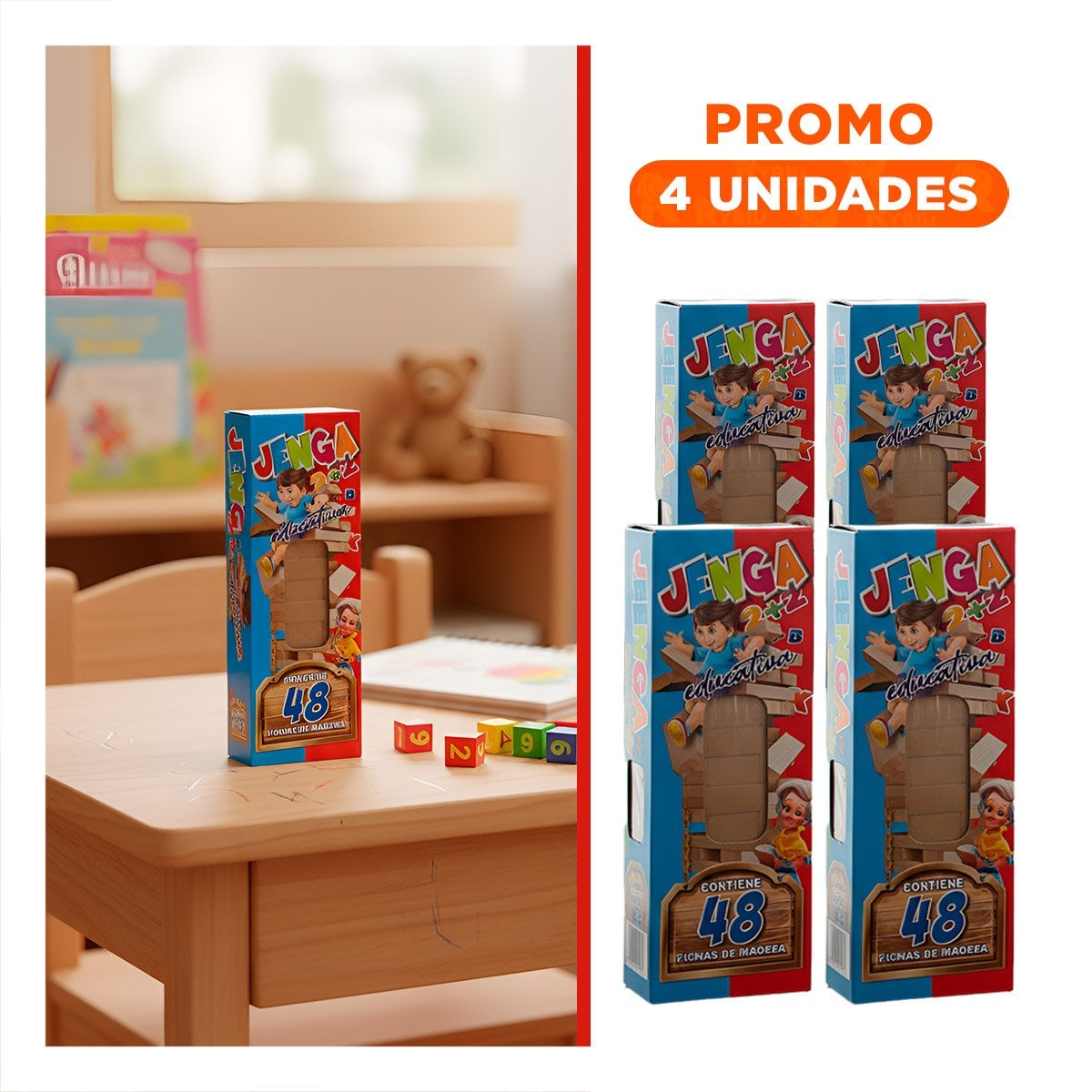 PACK4 JENGA EDUCATIVO 48 PIEZAS MADERA PARA NIÑOS DIVERTIDO Y SEGURO Y+REGALO STICKER - 1