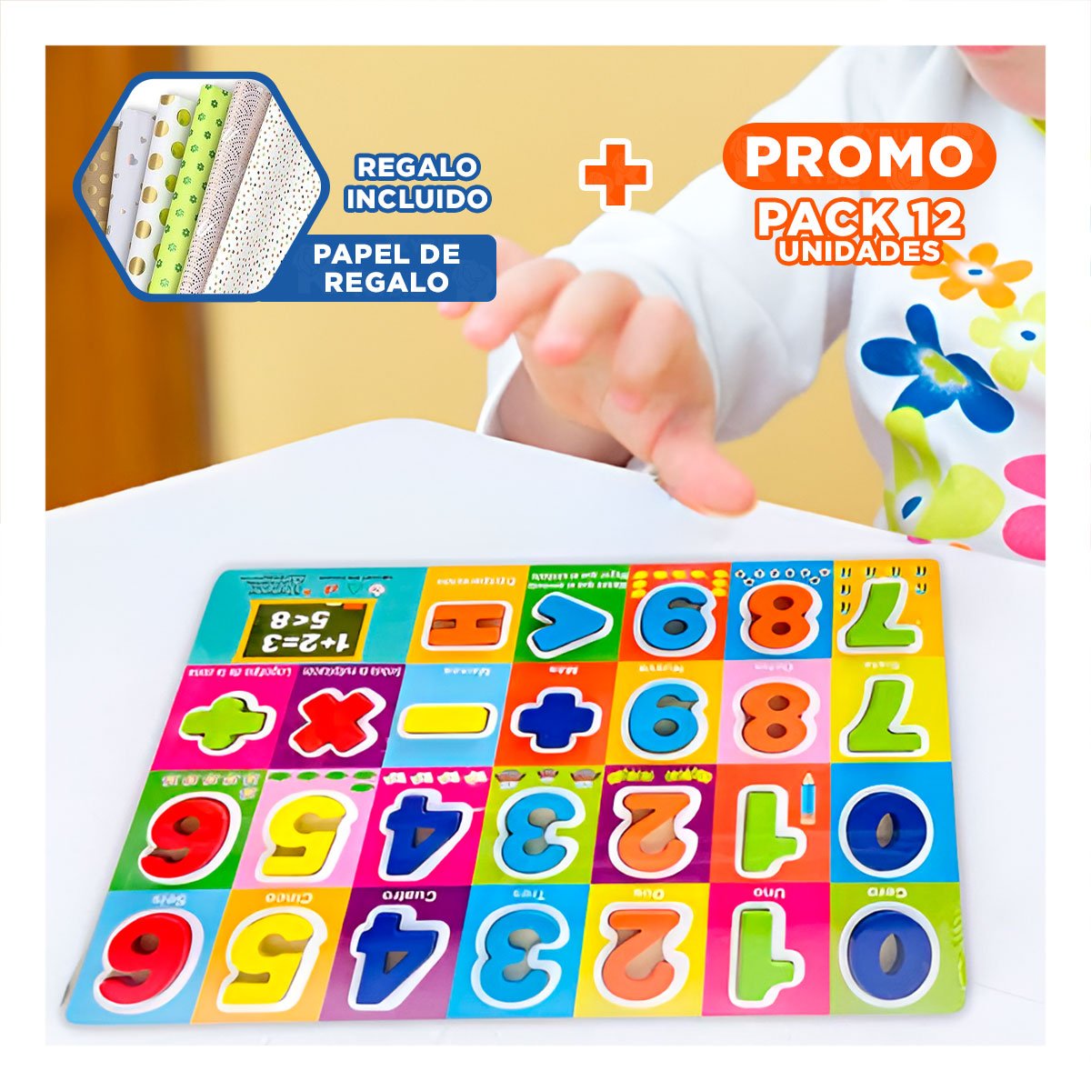 PACK12 LUDICO NUMEROS Y SIGNOS MULTICOLOR CON FONDO CUADROS ESCOLAR Y+PAPEL REGALO - 1