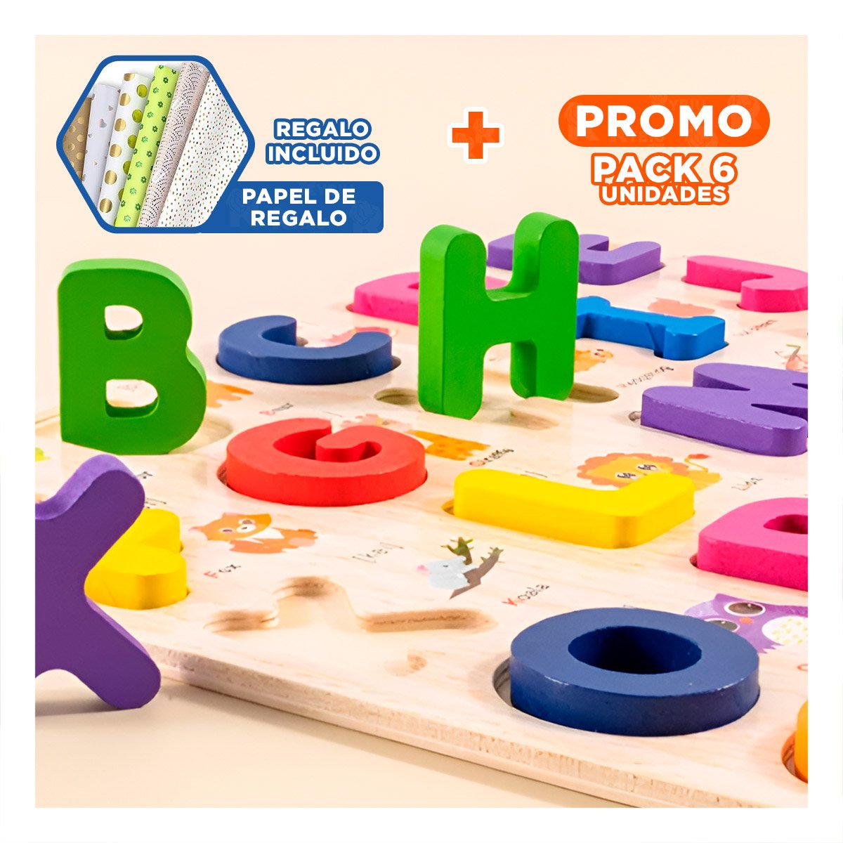 PACK6 PROPUESTA DE ABECEDARIO EN MADERA CON LETRAS MAYUSCULAS APRENDIZAJE Y+PAPEL REGALO - 1