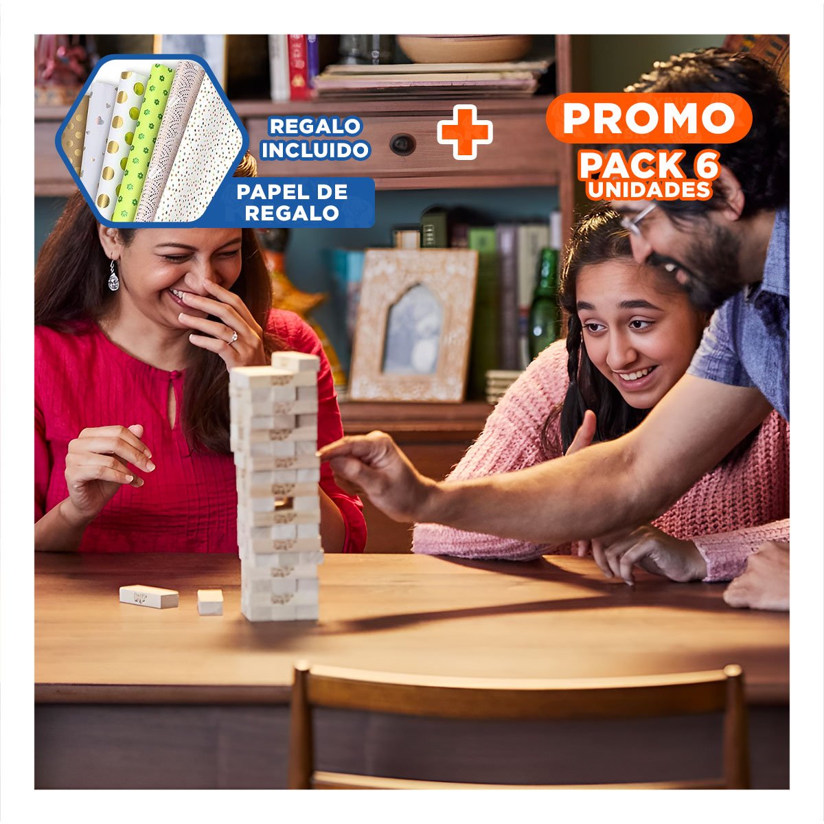 PACK6 JENGA DESAFIO O CASTIGO 48 PIEZAS MADERA JUEGO DE ESTRATEGIA Y DIVERSION Y+PAPEL REGALO - 1