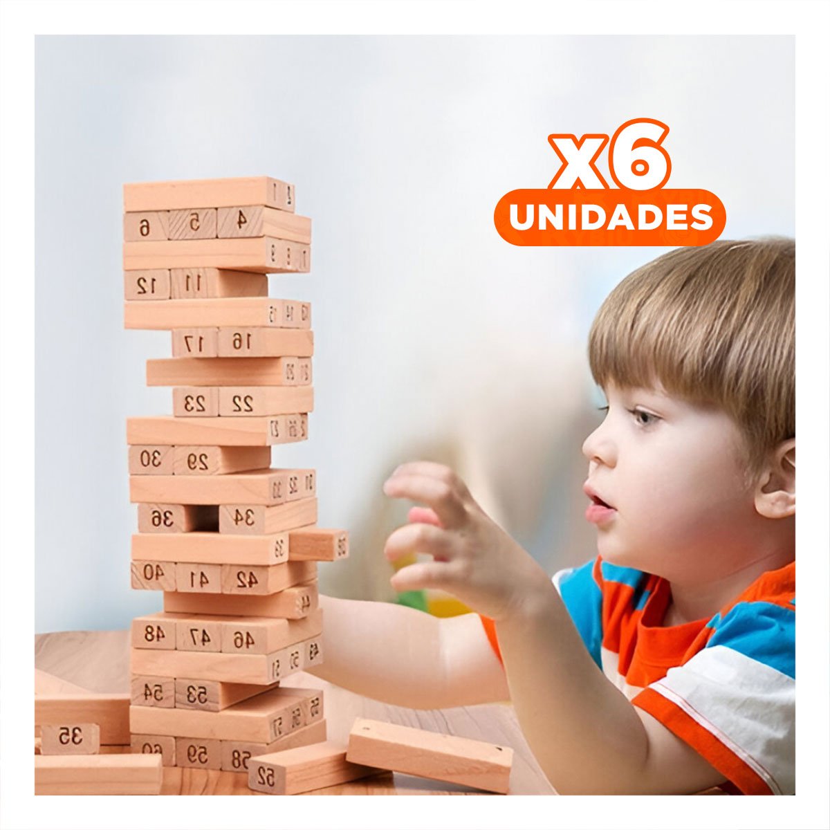 PACK6 JUEGO DE DIVERSION DE MADERA 48 PZAS EN CAJA AMARILLA Y+REGALO STICKER - 1
