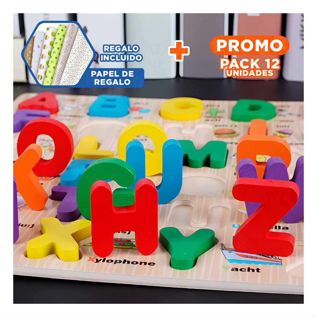 PACK12 BASE DIDACTICA DE ABECEDARIO EN MADERA CON LETRAS MAYUSCULAS EDUCATIVA Y+PAPEL REGALO - 1