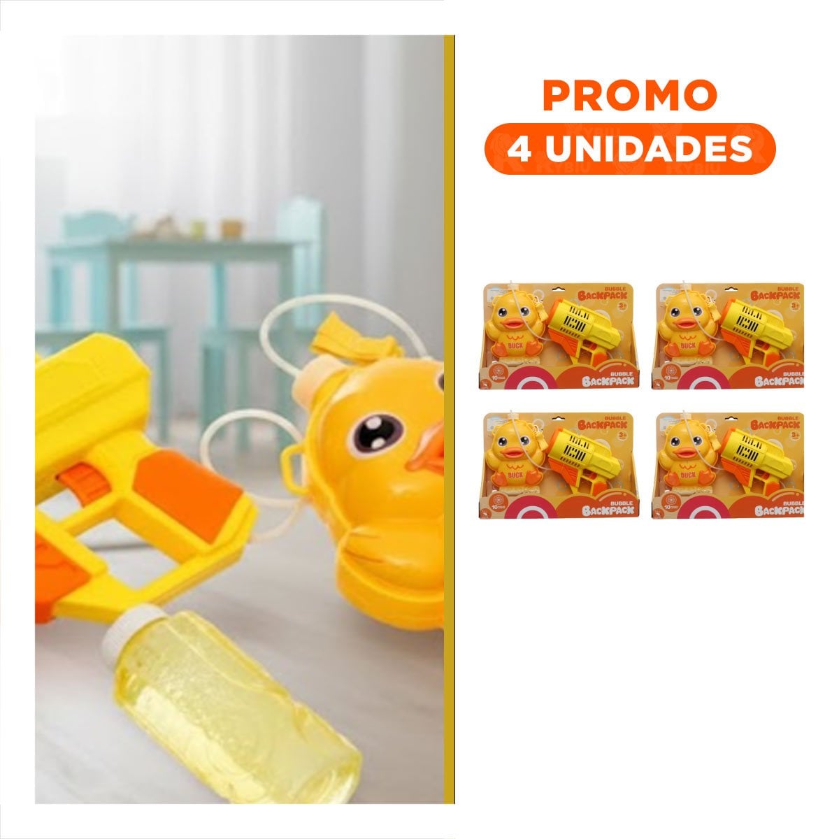 PACK4 EXPERIENCIA DE BURBUJAS CON MOCHILA PORTATIL PATO AMARILLO PARA JUEGOS Y+REGALO STICKER - 1