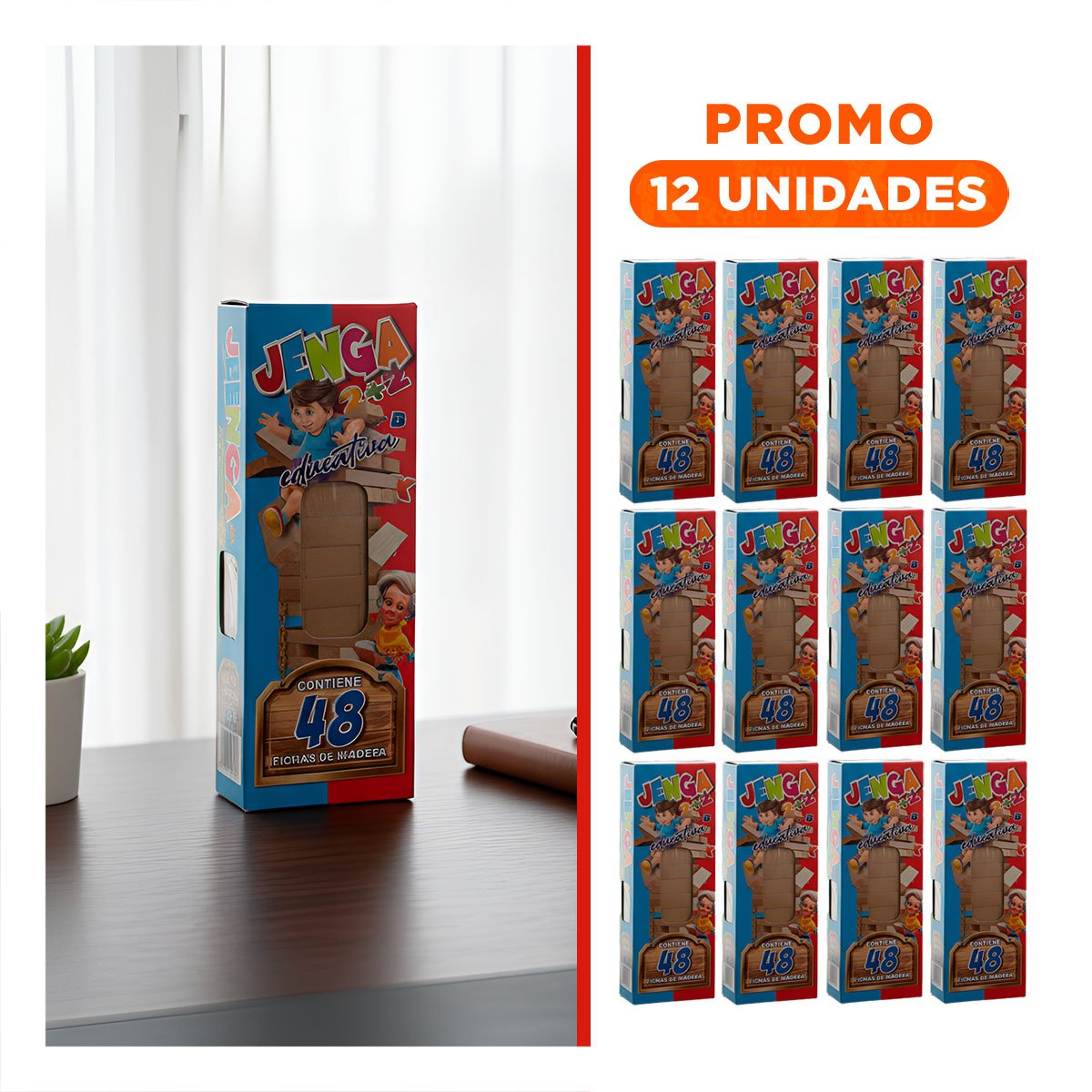 PACK12 TORRE EDUCATIVA 48 PIEZAS MADERA PARA NIÑOS EDUCATIVO Y ALEGRE Y+REGALO STICKER - 1