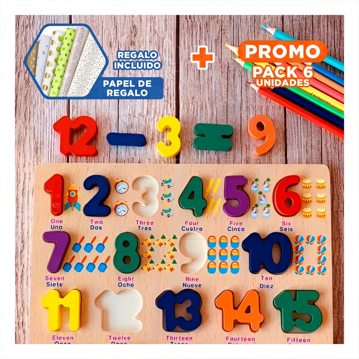 PACK6 OPCION FORMATIVA DE MADERA CON PIEZAS NUMERICAS ENCAJABLES PARA CASA Y+PAPEL REGALO - 1