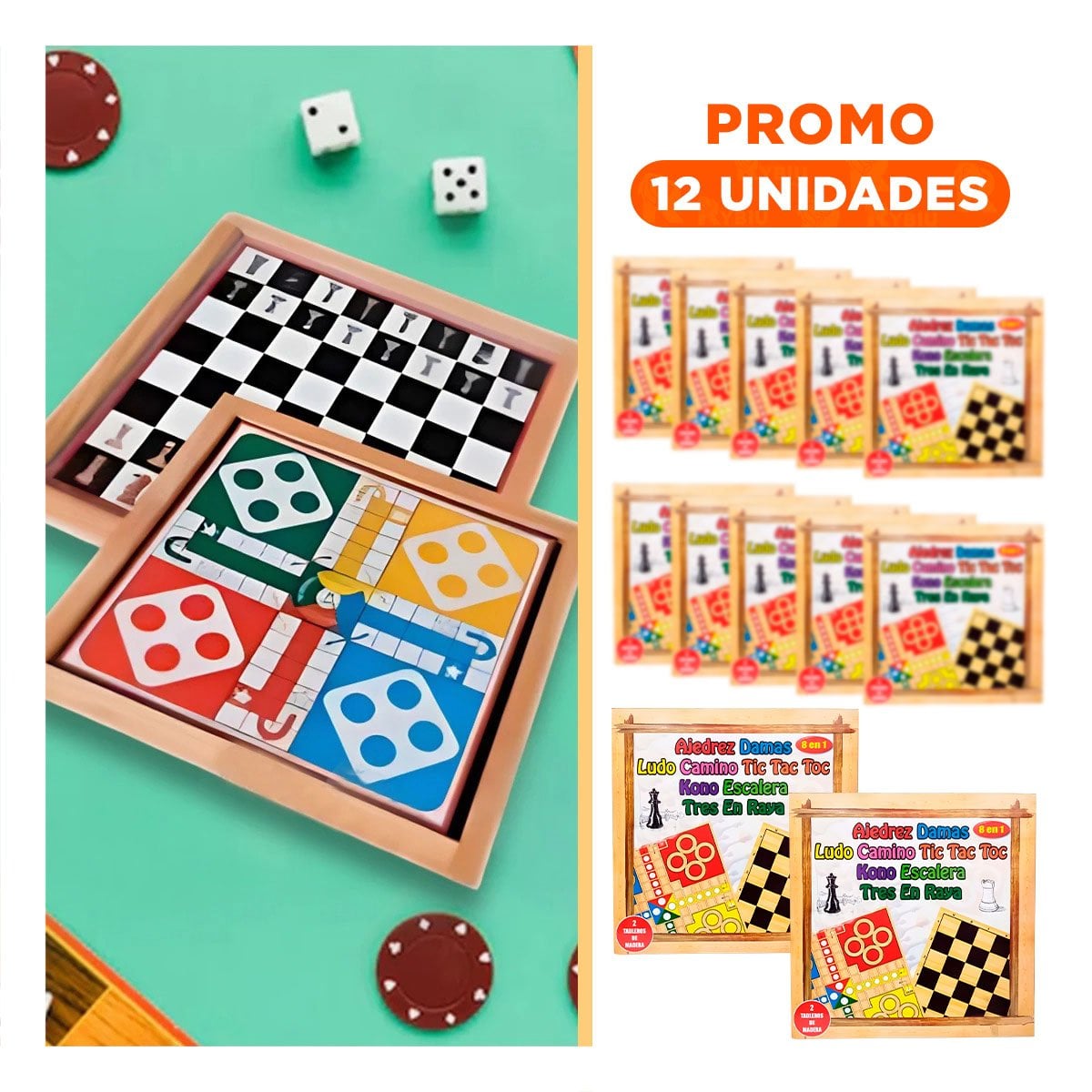 PACK12 COLECCION EDUCATIVA 8 EN 1 AJEDREZ CON JUEGOS CLASICOS PARA EL HOGAR Y+REGALO STICKER - 1