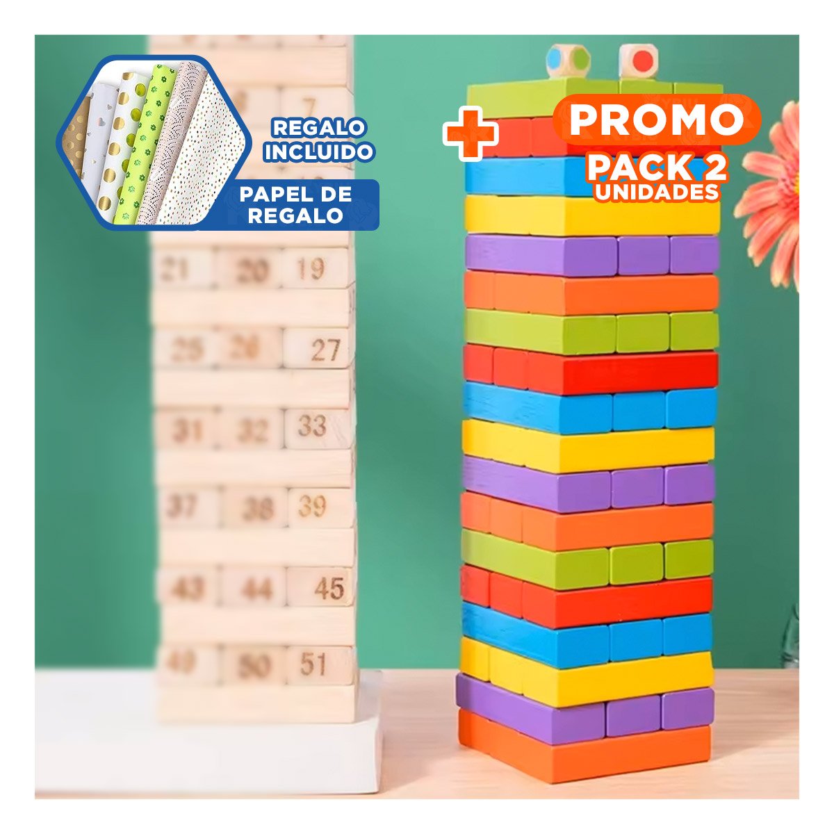 PACK2 SENSORIAL DE MADERA MULTICOLOR PARA JUEGO DE MESA Y HABILIDAD Y+PAPEL REGALO - 1