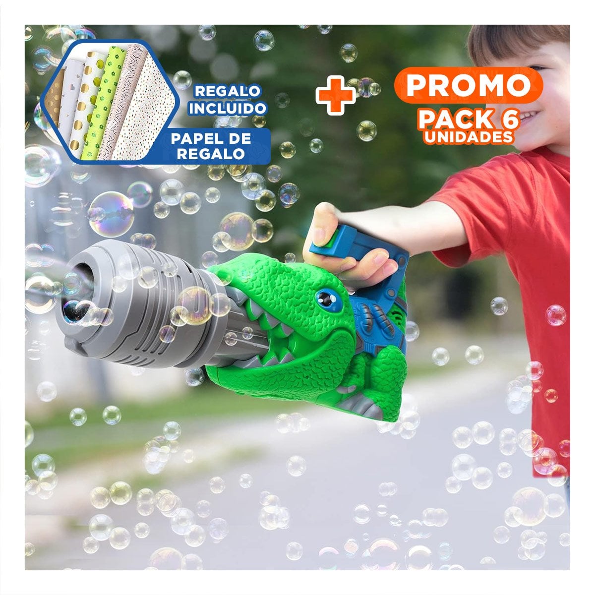 PACK6 FORMADOR LED DE BURBUJAS DINOSAURIO CON SONIDO PARA HOGAR Y+PAPEL REGALO - 1