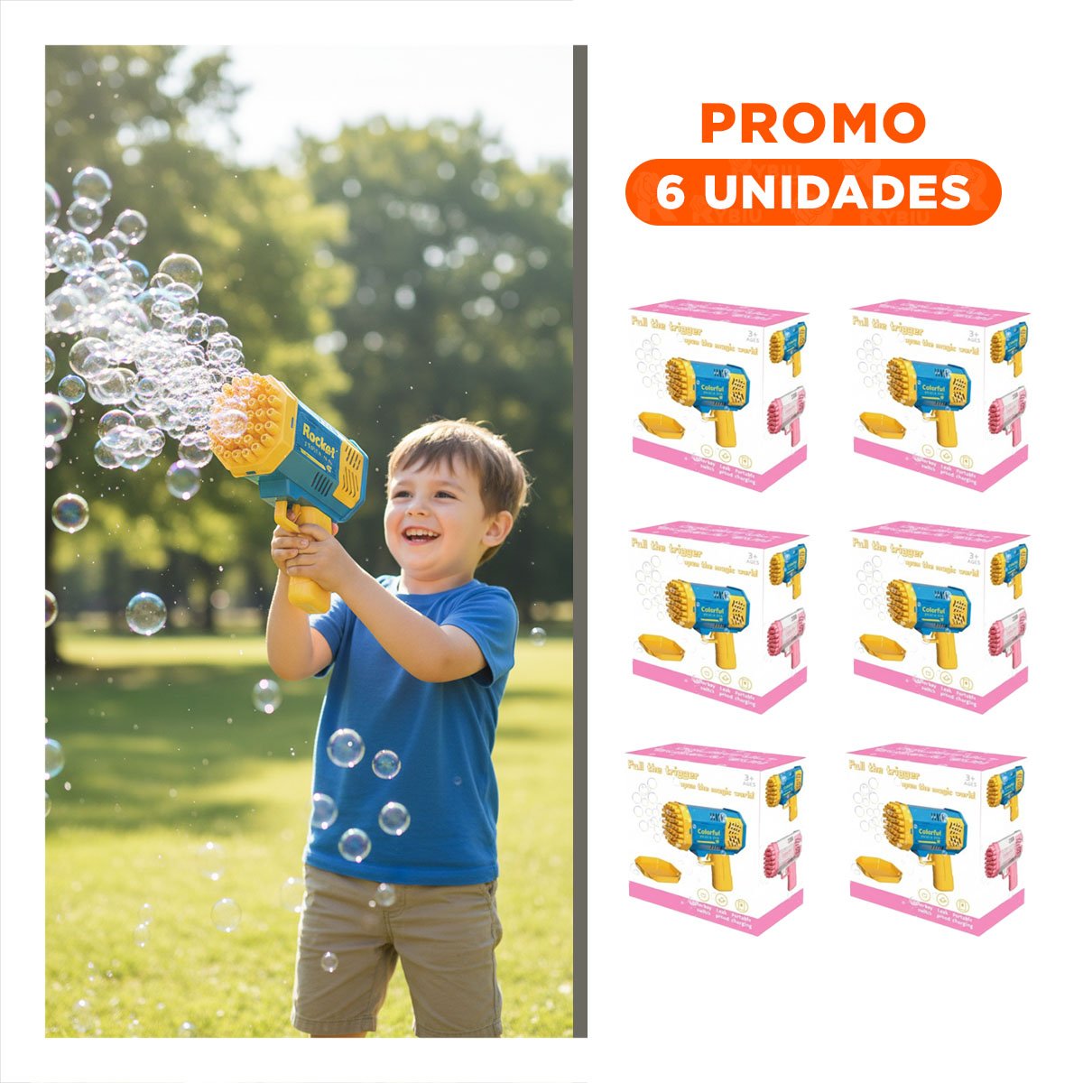 PACK6 LANZABURBUJAS PORTATIL PARA JUEGOS INFANTILES COHETE AZUL Y AMARILLO - 1