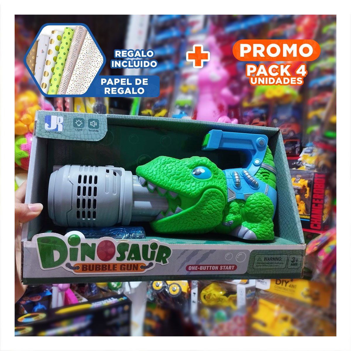 PACK4 CREADOR LED DE BURBUJAS DINOSAURIO CON SONIDO PARA JUEGOS Y+PAPEL REGALO - 1