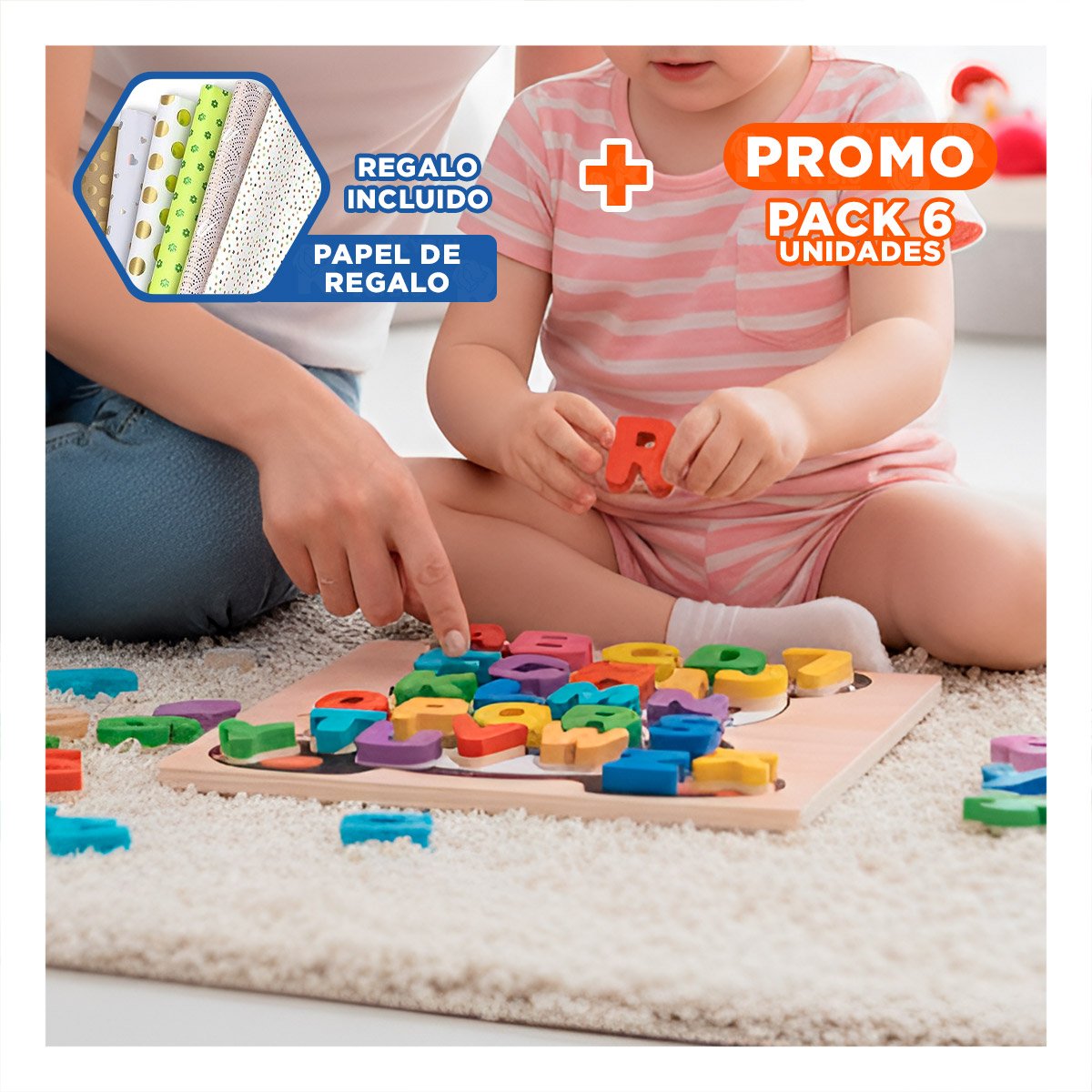 PACK6 PLAN DIDACTICO ABECEDARIO LETRAS ENCAJABLES TIPO OSITO EN CASA Y+PAPEL REGALO - 1