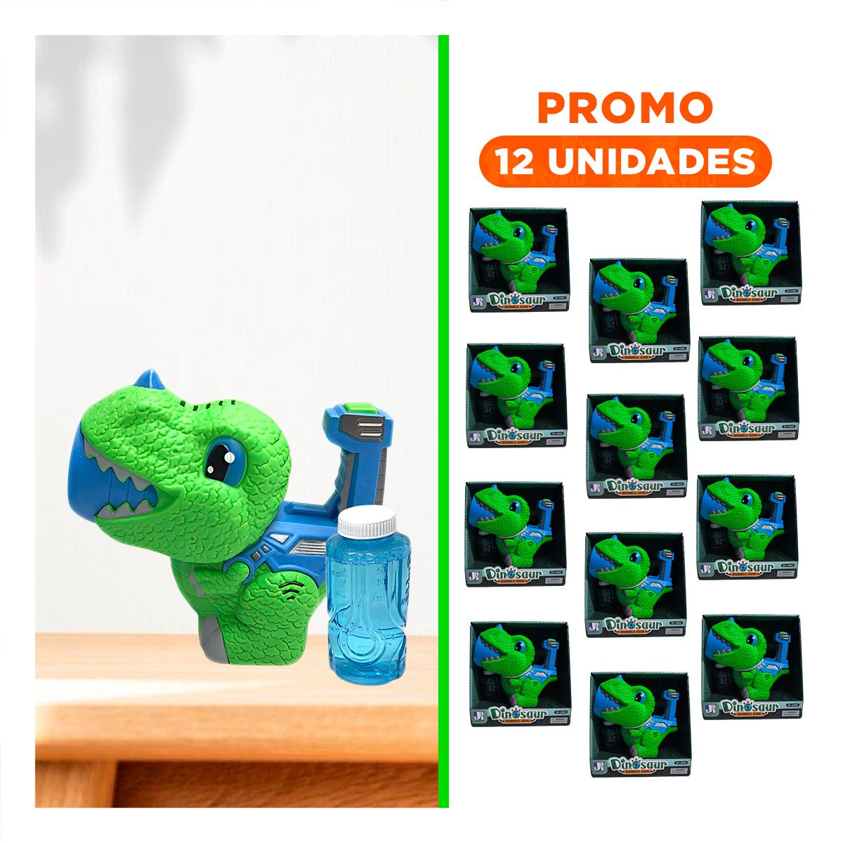 PACK12 DISPOSITIVO DE BURBUJAS DINOSAURIO CHICO VERDE Y AZUL PARA JUEGO DIARIO Y+REGALO STICKER - 1
