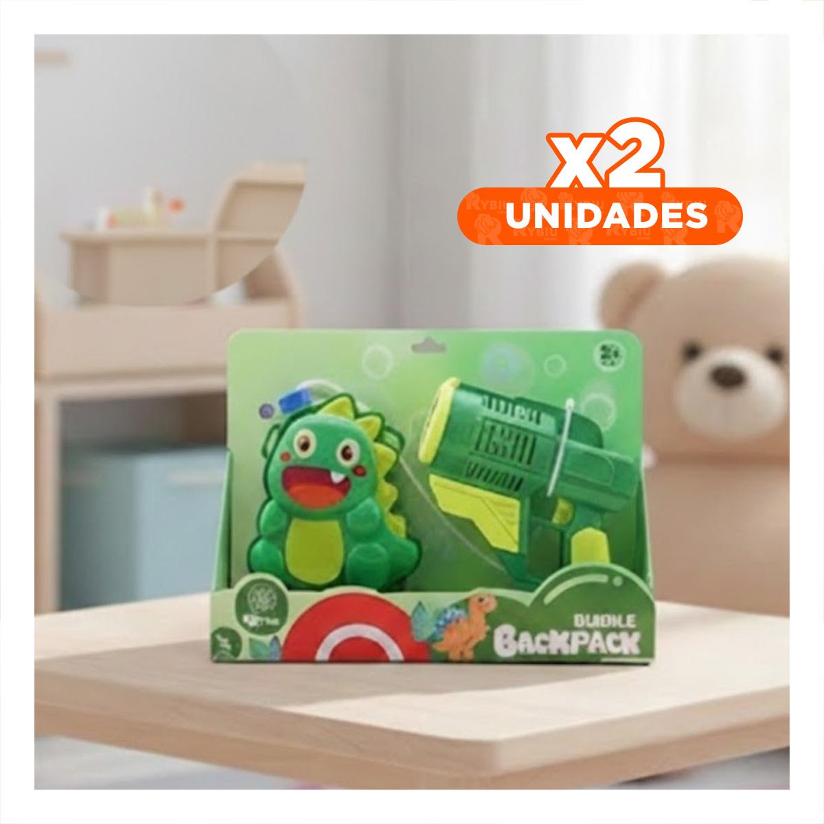 PACK2 MAQUINA DE BURBUJAS CON MOCHILA PORTATIL DINOSAURIO VERDE PARA JUEGOS Y+REGALO STICKER - 1