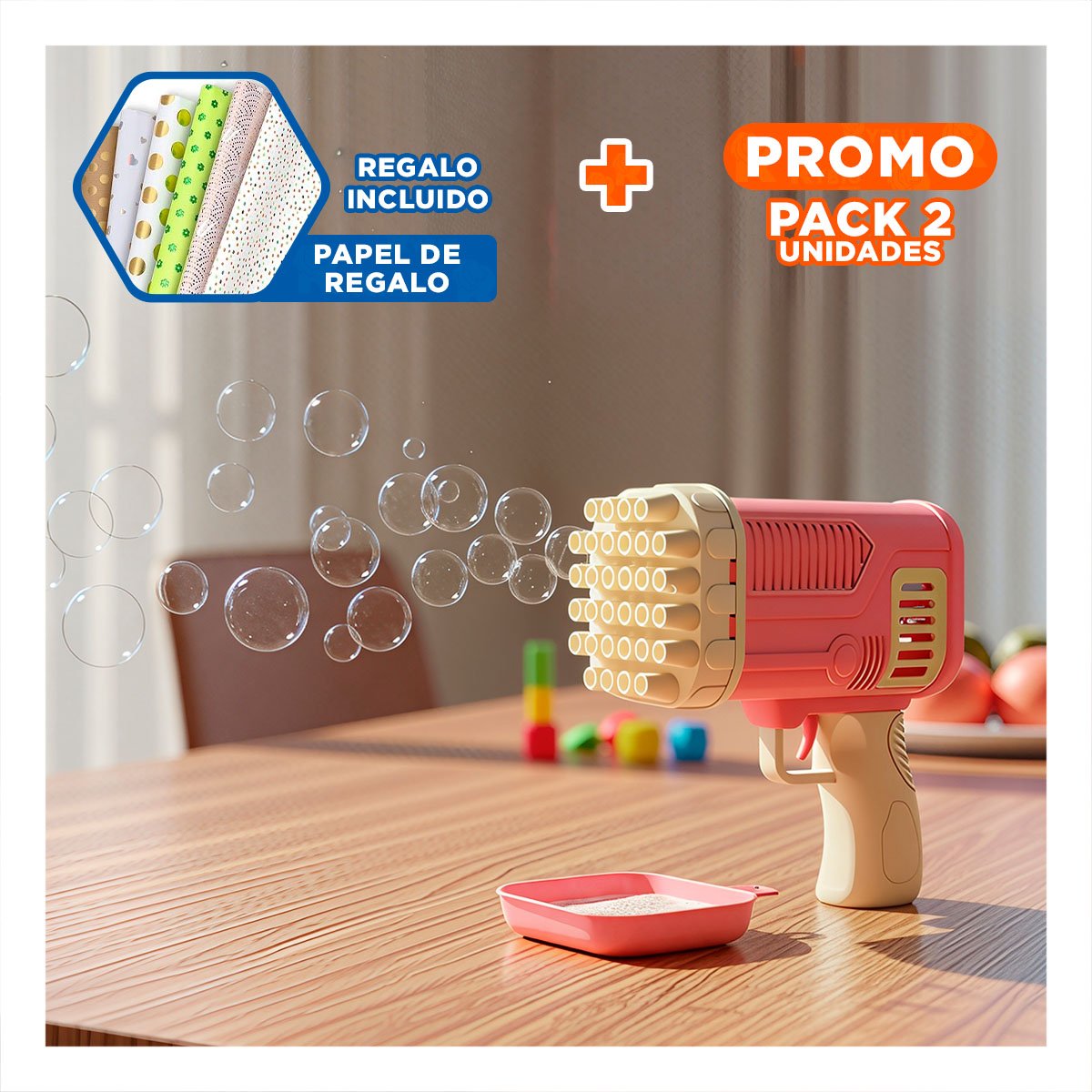 PACK2 EMISOR DE BURBUJAS COHETE ROSADO PARA ACTIVIDADES RECREATIVAS EN CASA Y+PAPEL REGALO - 1