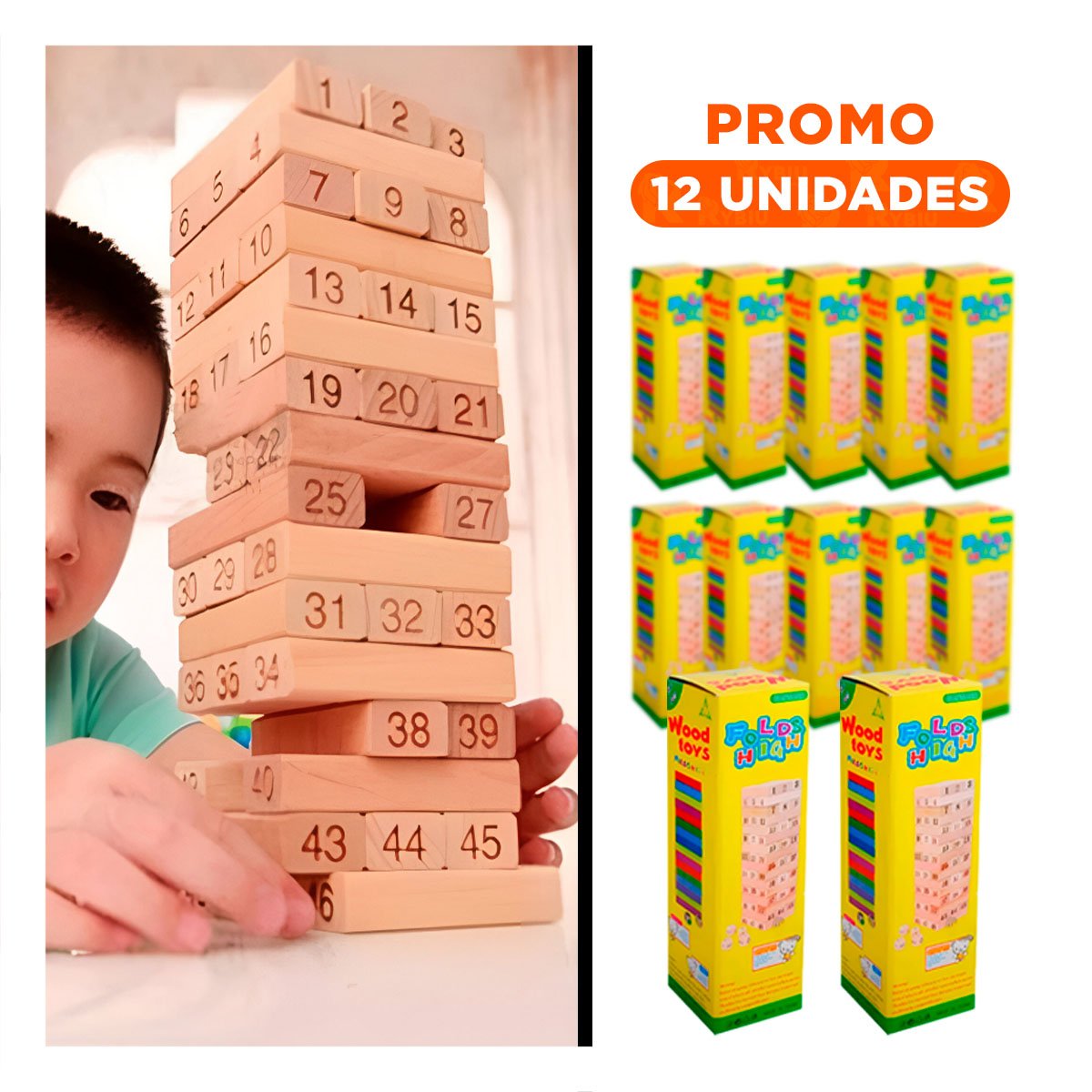 PACK12 SET DE DIVERSION DE MADERA 48 PZAS EN CAJA AMARILLA Y+REGALO STICKER - 1