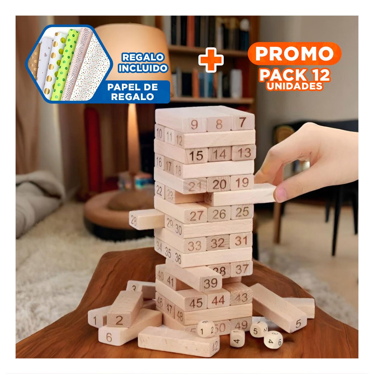 PACK12 BLOQUES DE DIVERSION DE MADERA 48 PZAS EN CAJA AMARILLA Y+PAPEL REGALO - 1