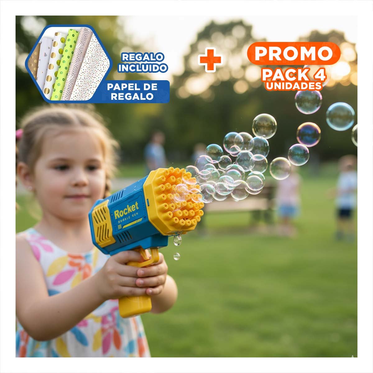PACK4 LANZABURBUJAS DE JUGUETE PARA NINOS COHETE AZUL Y AMARILLO Y+PAPEL REGALO - 1