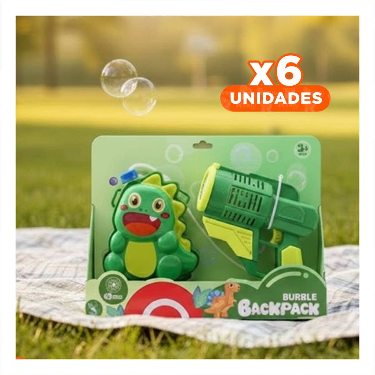 PACK6 GENERADOR DE BURBUJAS CON MOCHILA PORTATIL DINOSAURIO VERDE PARA TARDES Y+REGALO STICKER - 1