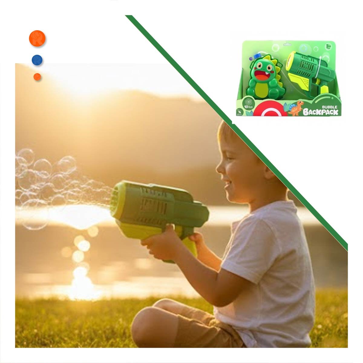 PACK6 GENERADOR DE BURBUJAS CON MOCHILA PORTATIL DINOSAURIO VERDE PARA TARDES Y+REGALO STICKER - 2
