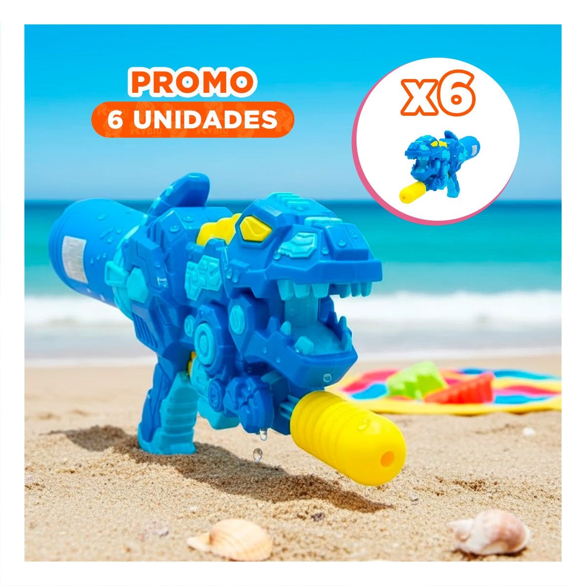 PACK6 LANZADOR DE VERANO DINOSAURIO AZUL PARA JUEGOS DE AGUA AL AIRE LIBRE Y+REGALO STICKER - 1