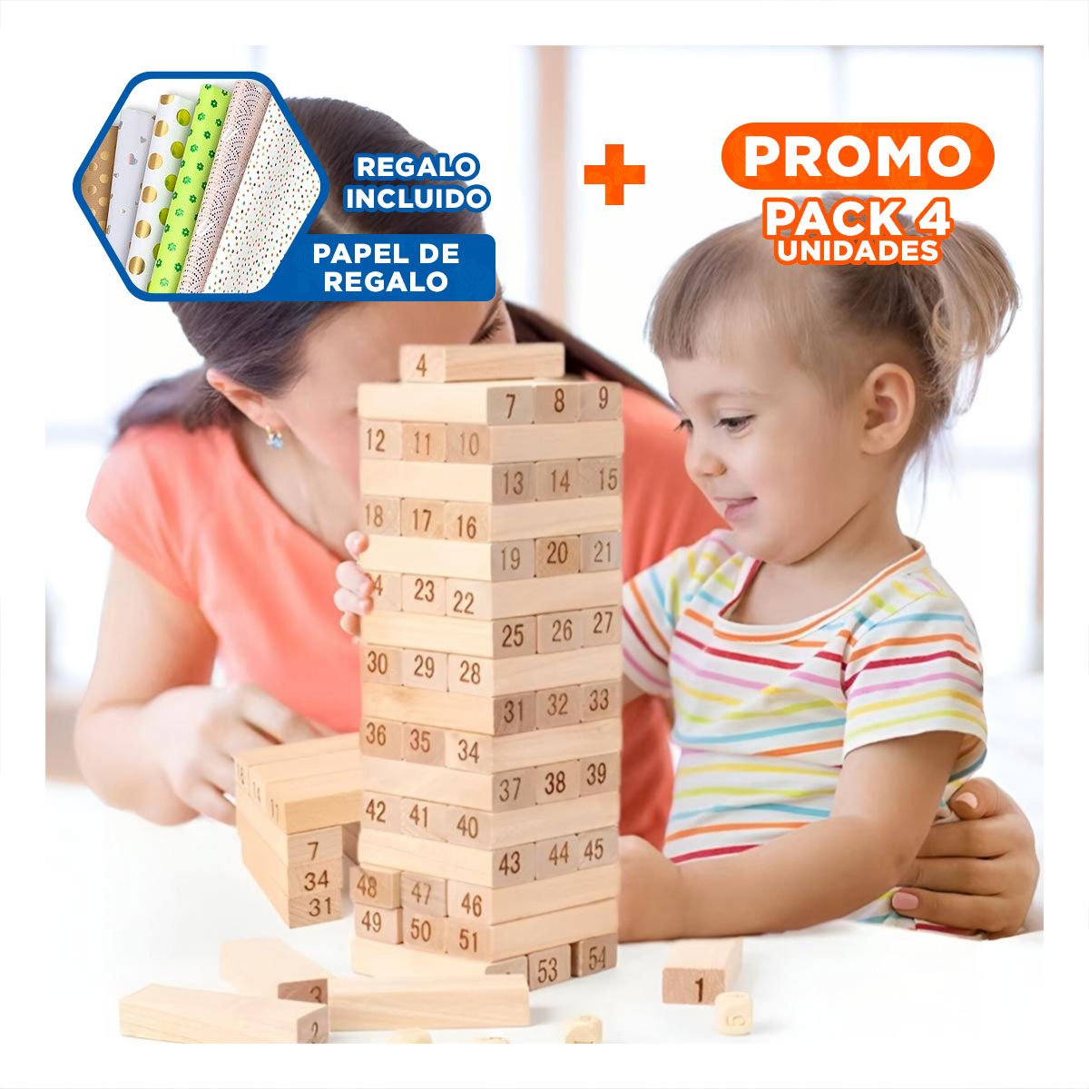 PACK4 TORRE DE ENTRETENIMIENTO DE MADERA 48 PZAS EN CAJA AMARILLA Y+PAPEL REGALO - 1