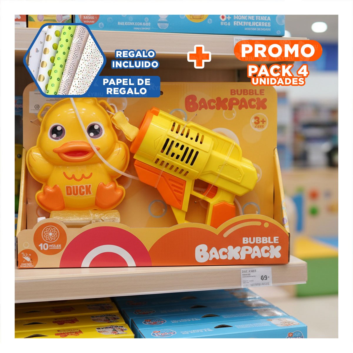 PACK4 PROPUESTA LUDICA DE BURBUJAS CON MOCHILA PORTATIL PATO AMARILLO Y+PAPEL REGALO - 1