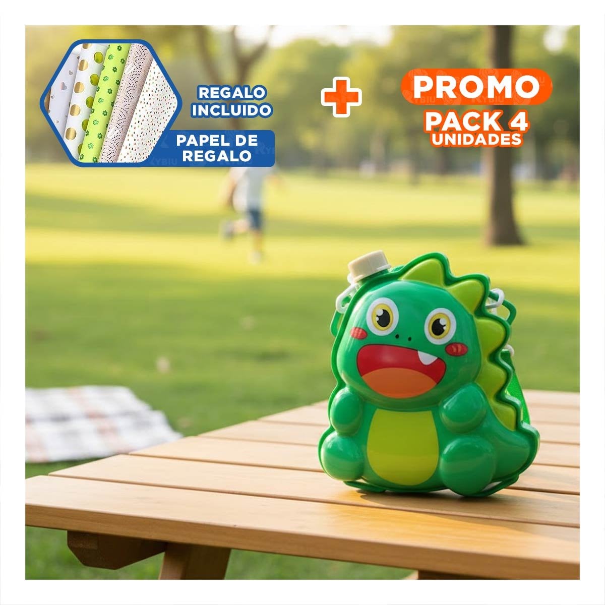 PACK4 DISPENSADOR DE BURBUJAS CON MOCHILA DINOSAURIO VERDE PARA CELEBRACIONES Y+PAPEL REGALO - 1