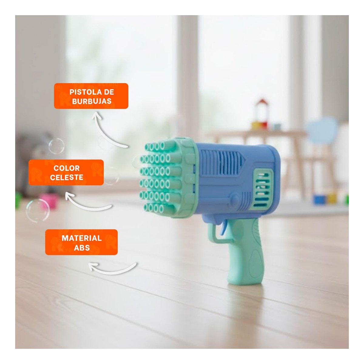 GENERADOR INFANTIL DE BURBUJAS COHETE CELESTE PARA DIVERSION EN PATIO FAMILIAR Y+PAPEL REGALO - 3