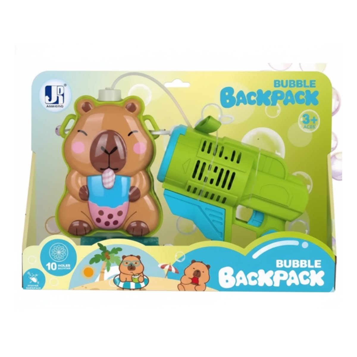 SET PORTATIL DE BURBUJAS CON MOCHILA FIGURA ANIMAL VERDE CLARO Y+REGALO STICKER - 3