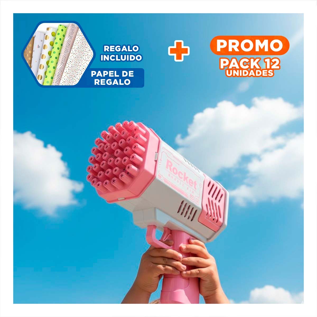 PACK12 JUGUETE RECREATIVO DE BURBUJAS COHETE ROSADO Y BLANCO USO DIARIO Y+PAPEL REGALO - 1