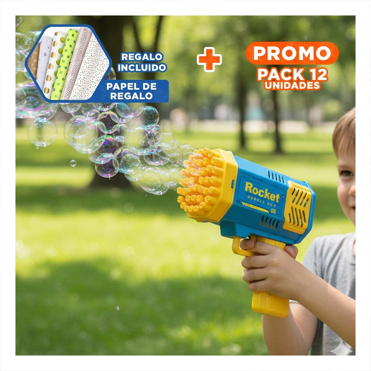 PACK12 JUGUETE RECREATIVO DE BURBUJAS COHETE AZUL Y AMARILLO USO DIARIO Y+PAPEL REGALO - 1