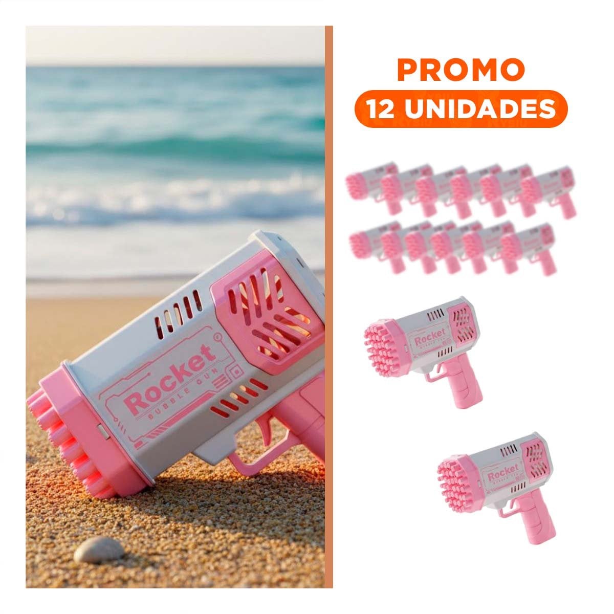 PACK12 JUGUETE DE BURBUJAS PARA JUEGOS INFANTILES COHETE ROSADO Y BLANCO Y+REGALO STICKER - 1