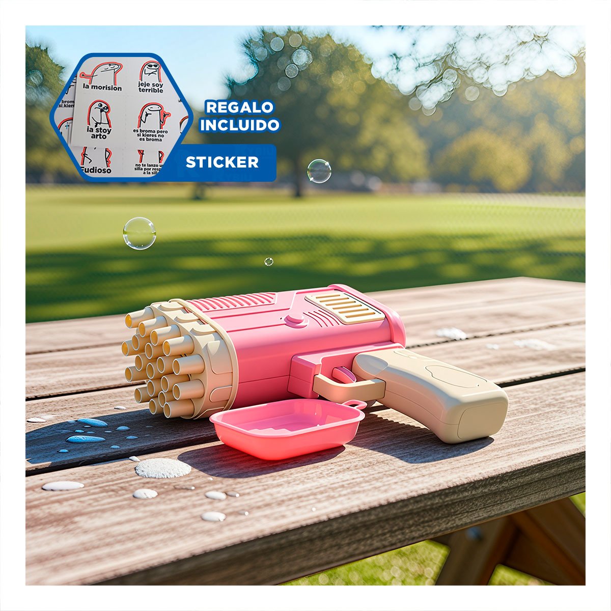 GENERADOR DE BURBUJAS TIPO COHETE ROSADO PARA ACTIVIDADES RECREATIVAS EN CASA Y+REGALO STICKER - 1