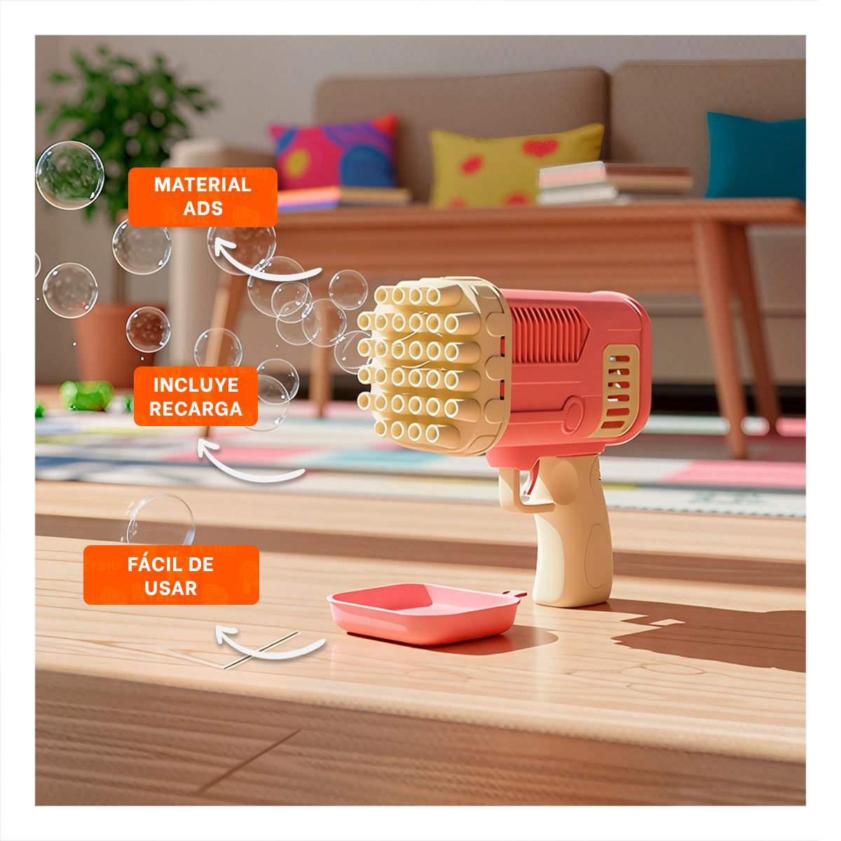 GENERADOR DE BURBUJAS TIPO COHETE ROSADO PARA ACTIVIDADES RECREATIVAS EN CASA Y+REGALO STICKER - 5