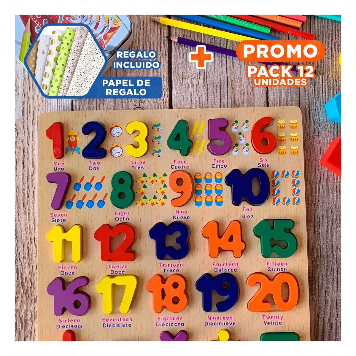 PACK12 ARTICULO FORMATIVO DE MADERA CON ENCAJABLES NUMERICOS PARA USO DIARIO Y+PAPEL REGALO - 1
