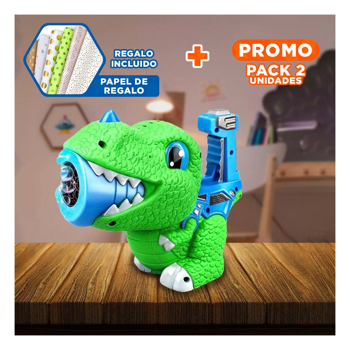 PACK2 JUEGO RECREATIVO DE BURBUJAS CON DINOSAURIO CHICO PARA CASA Y+PAPEL REGALO - 1