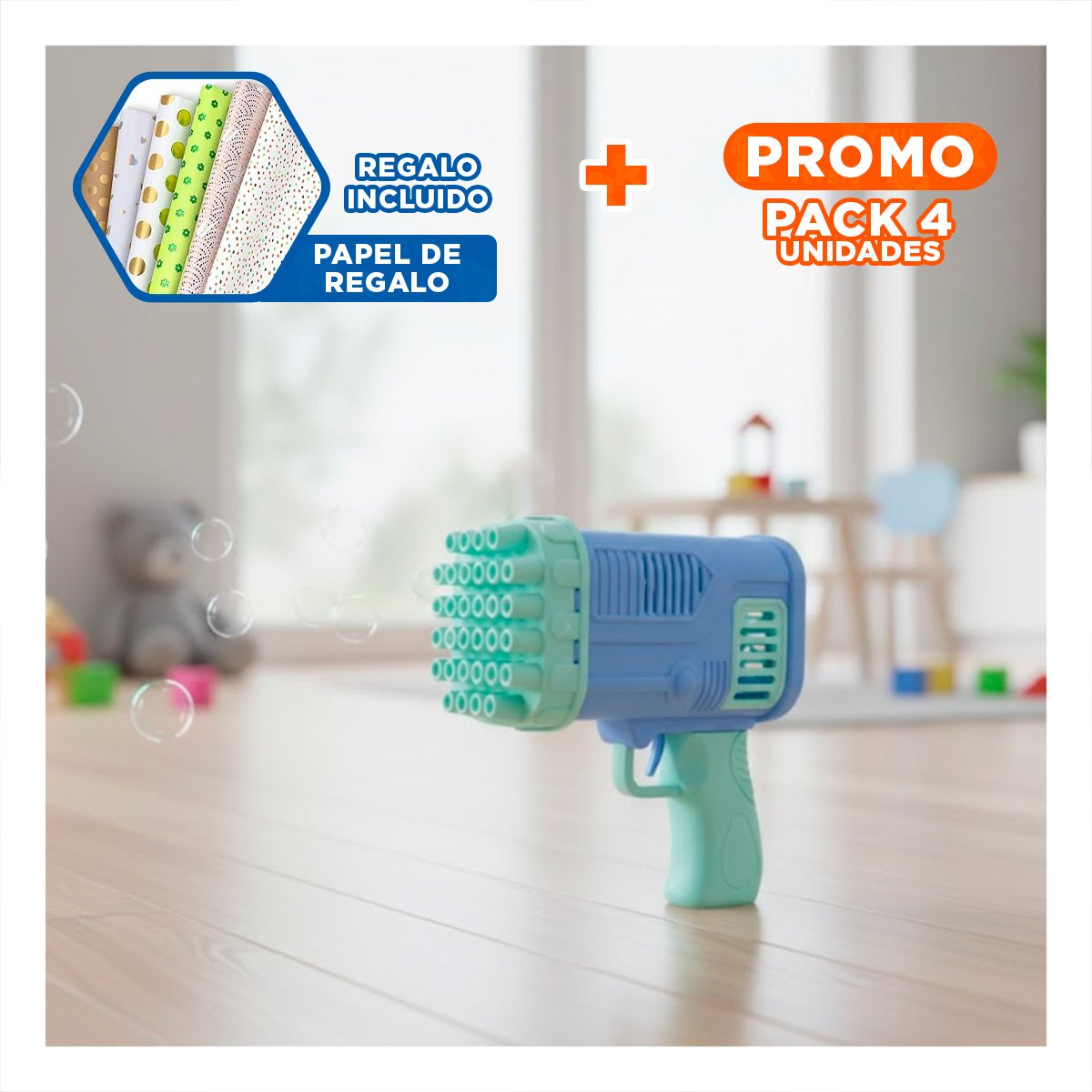 PACK4 PROYECTOR DE BURBUJAS TIPO COHETE CELESTE PARA DIVERSION FAMILIAR Y+PAPEL REGALO - 1