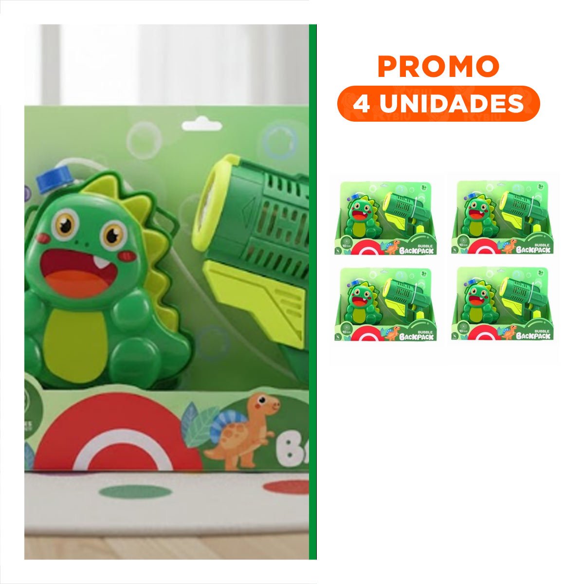 PACK4 SOPLADOR DE BURBUJAS CON MOCHILA DINOSAURIO VERDE PARA RECREACION Y+REGALO STICKER - 1