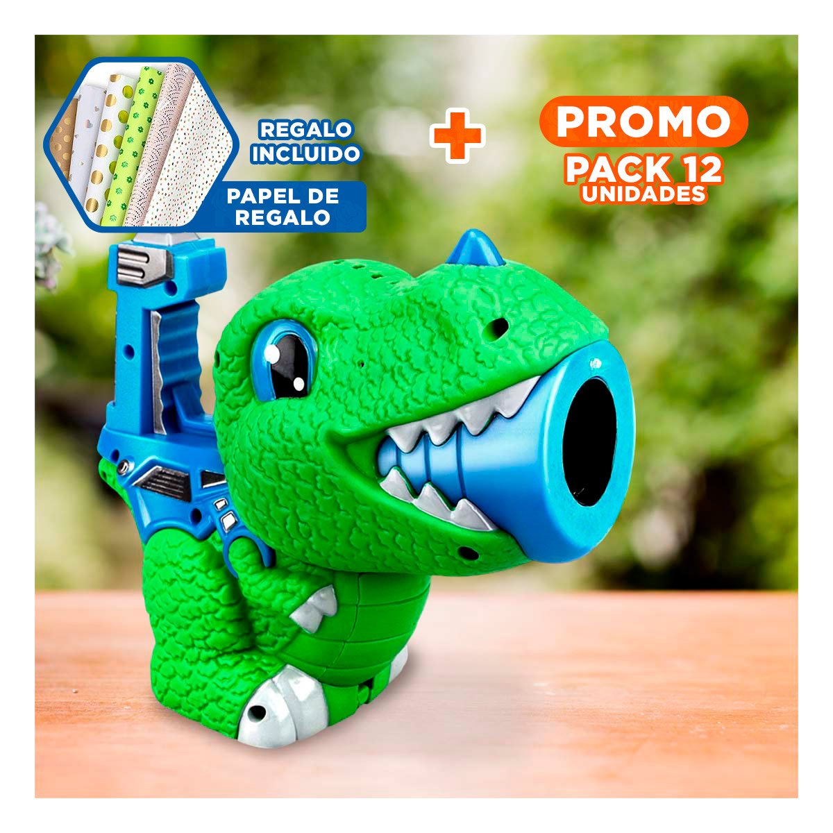 PACK12 DISPOSITIVO DE BURBUJAS INFANTIL CON FORMA DE DINOSAURIO VERDE Y AZUL Y+PAPEL REGALO - 1