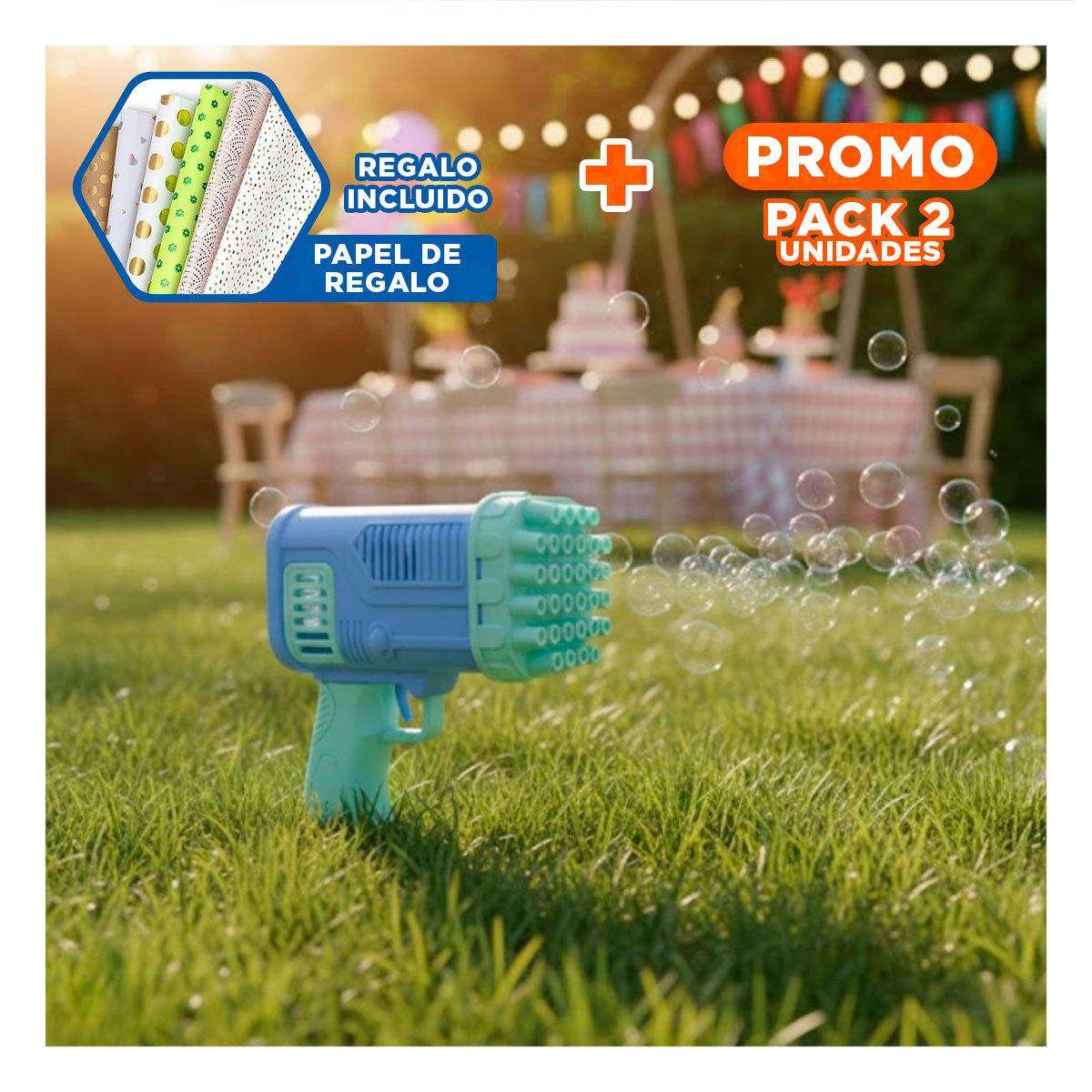 PACK2 EMISOR DE BURBUJAS COHETE CELESTE PARA ACTIVIDADES RECREATIVAS EN CASA Y+PAPEL REGALO - 1