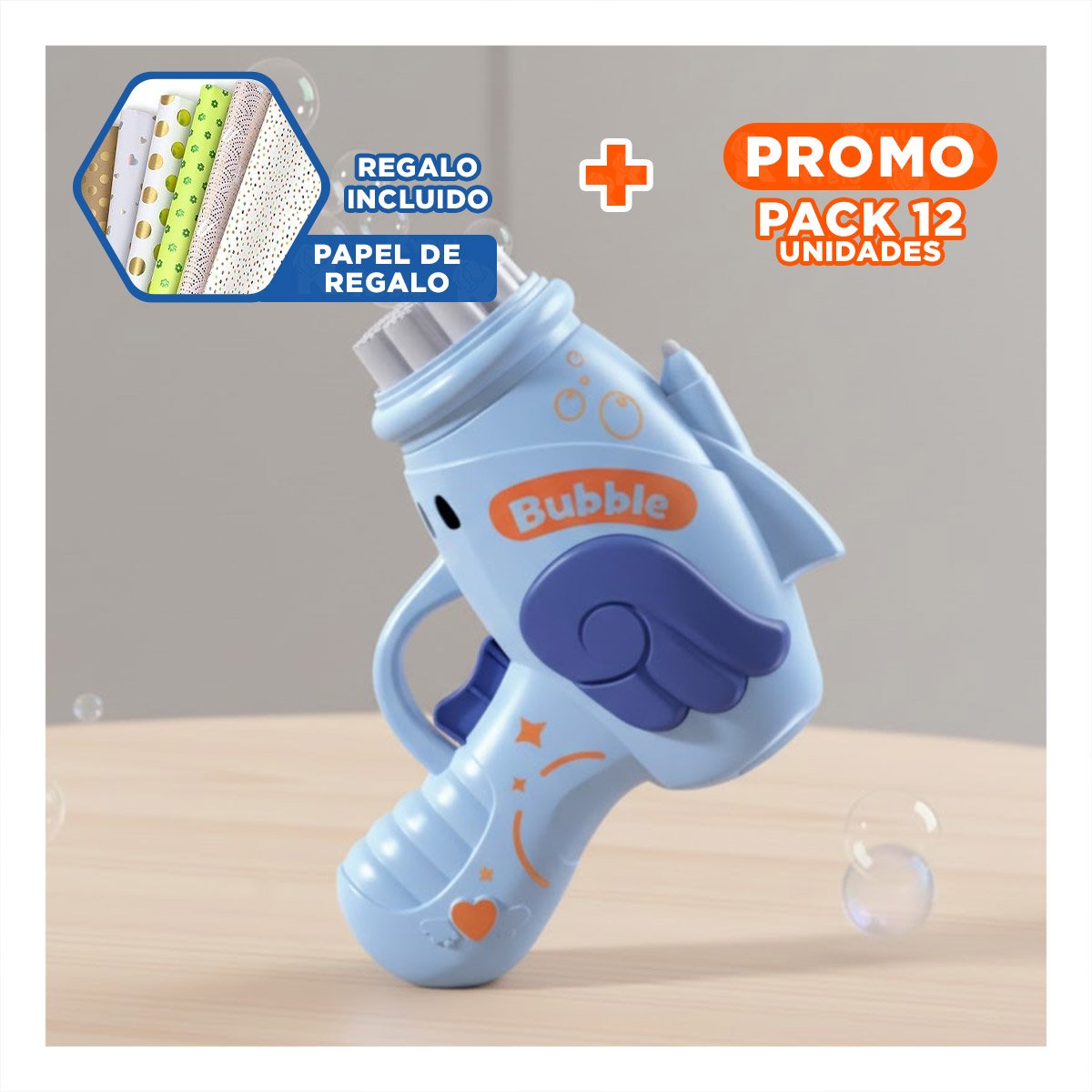 PACK12 SOPLADOR DE BURBUJAS CELESTE PARA JUEGOS INFANTILES Y+PAPEL REGALO - 1