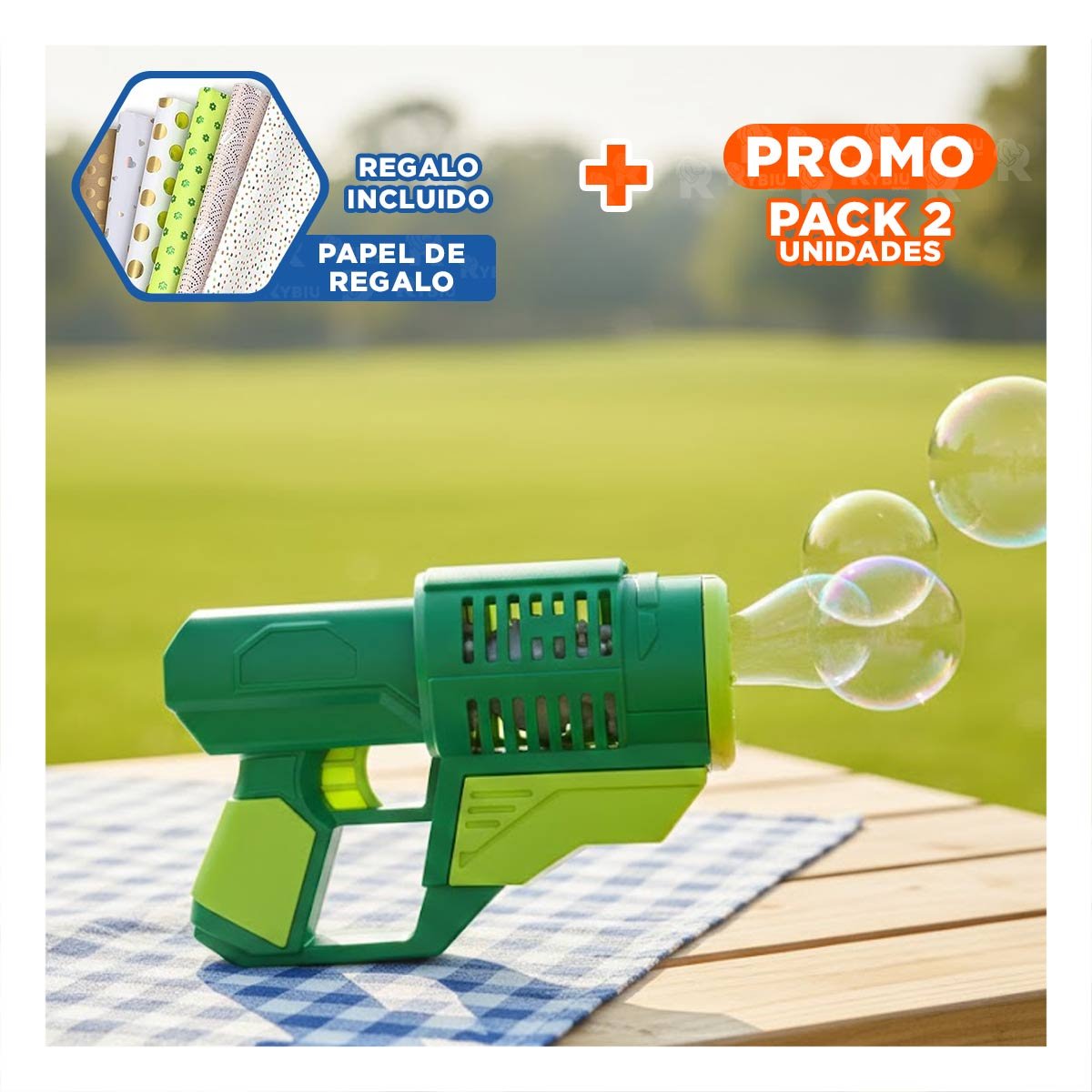 PACK2 LANZADOR DE BURBUJAS CON MOCHILA PORTATIL DINOSAURIO VERDE Y+PAPEL REGALO - 1