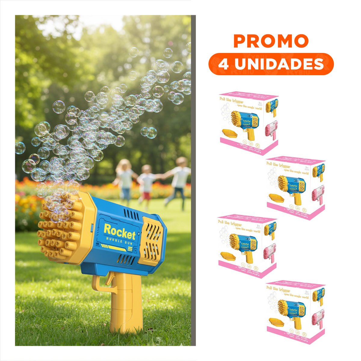 PACK4 LANZABURBUJAS MANUAL DE BURBUJAS COHETE AZUL Y AMARILLO Y+REGALO STICKER - 1